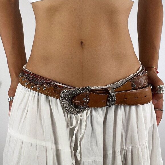 Vintage Y2K Brown Leather Fairy Grunge Boho Hippie Western Rhinestone Belt / 38 - Picture 3 of 9